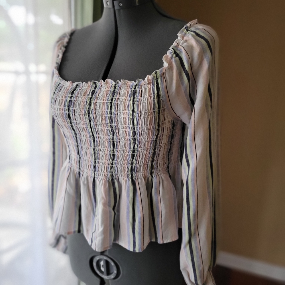 Candie's Multicolor Striped Shirred Blouse with Feminine Sleeve Women's Small